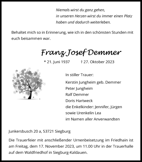 Anzeige von Franz Josef Demmer von Kölner Stadt-Anzeiger / Kölnische Rundschau / Express