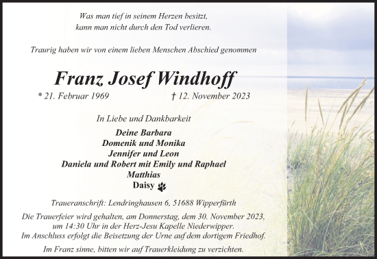 Anzeige von Franz Josef Windhoff von Kölner Stadt-Anzeiger / Kölnische Rundschau / Express