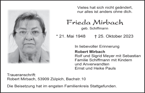 Anzeige von Frieda Mirbach von  Blickpunkt Euskirchen 