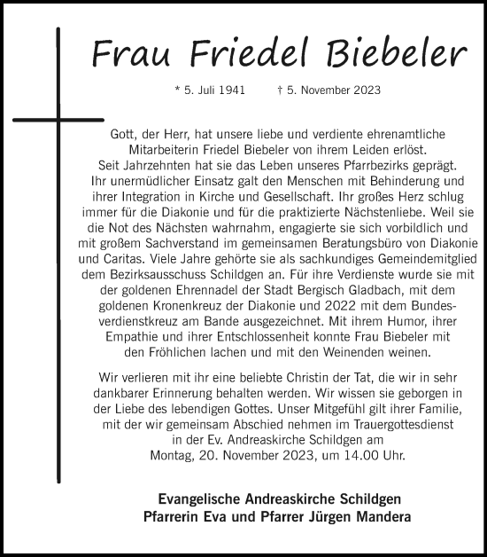 Anzeige von Friedel Biebeler von Kölner Stadt-Anzeiger / Kölnische Rundschau / Express