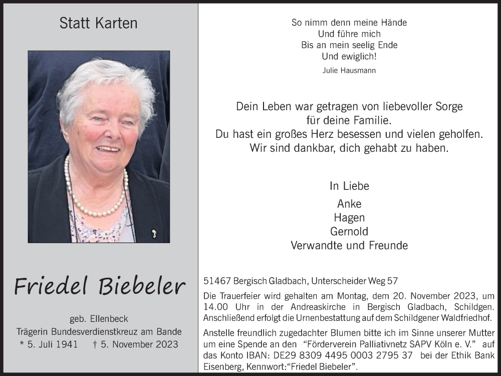  Traueranzeige für Friedel Biebeler vom 11.11.2023 aus Kölner Stadt-Anzeiger / Kölnische Rundschau / Express