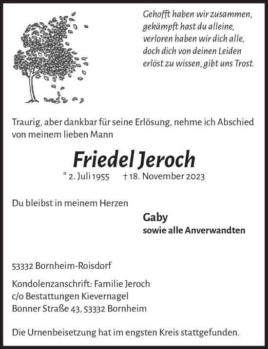 Anzeige von Friedel Jeroch von  Schaufenster/Blickpunkt 