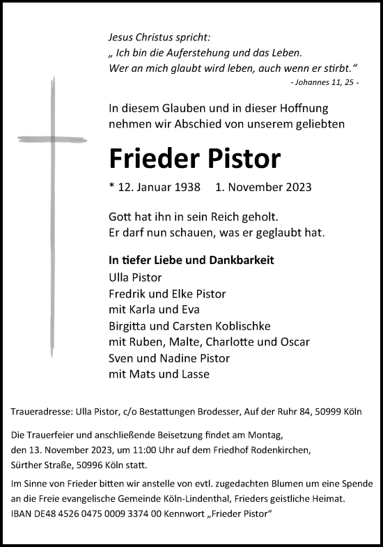 Anzeige von Frieder Pistor von Kölner Stadt-Anzeiger / Kölnische Rundschau / Express
