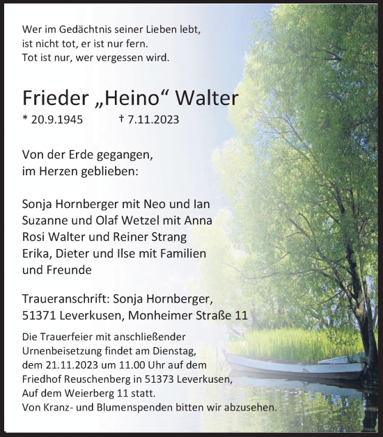 Anzeige von Frieder Walter von Kölner Stadt-Anzeiger / Kölnische Rundschau / Express