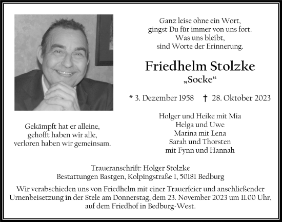 Anzeige von Friedhelm Stolzke von  Werbepost 