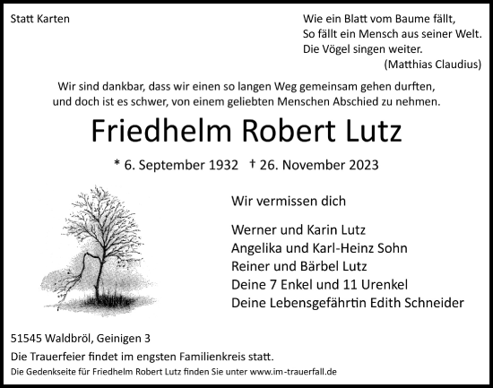 Anzeige von Friedhelm Robert Lutz von  Lokalanzeiger 