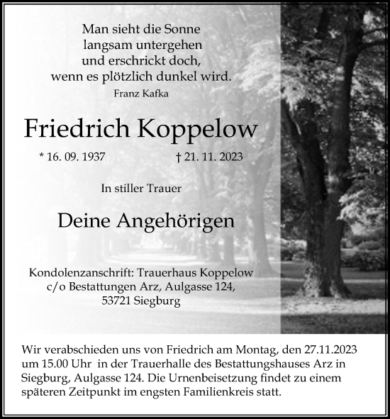 Anzeige von Friedrich Koppelow von Kölner Stadt-Anzeiger / Kölnische Rundschau / Express
