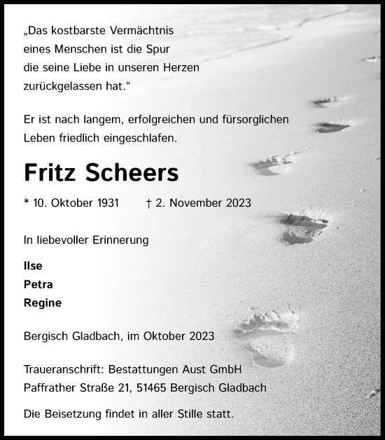 Anzeige von Fritz Scheers von Kölner Stadt-Anzeiger / Kölnische Rundschau / Express