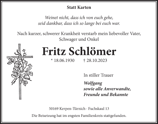 Anzeige von Fritz Schlömer von  Werbepost 
