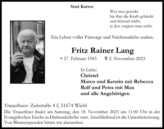 Anzeige von Fritz Rainer Lang von  Anzeigen Echo 