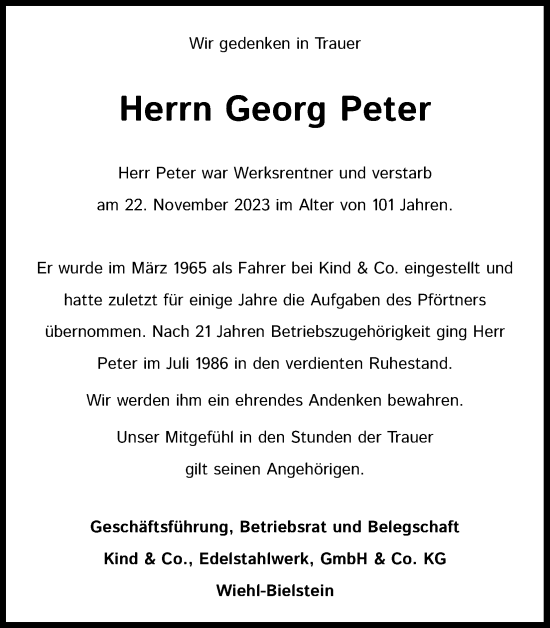 Anzeige von Georg Peter von Kölner Stadt-Anzeiger / Kölnische Rundschau / Express