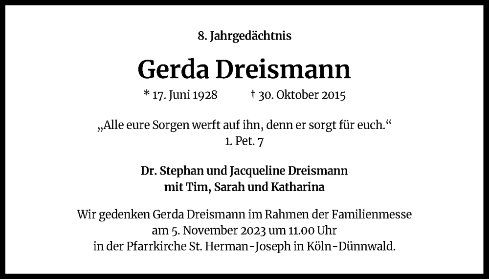  Traueranzeige für Gerda Dreismann vom 18.07.2023 aus Kölner Stadt-Anzeiger / Kölnische Rundschau / Express