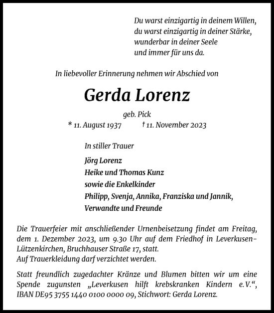 Anzeige von Gerda Lorenz von Kölner Stadt-Anzeiger / Kölnische Rundschau / Express