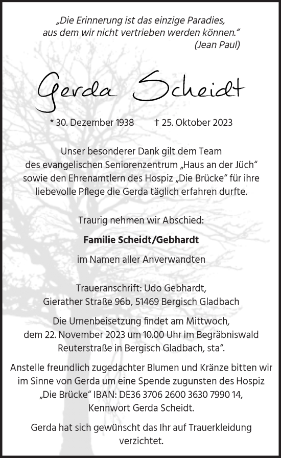 Anzeige von Gerda Scheidt von  Bergisches Handelsblatt 