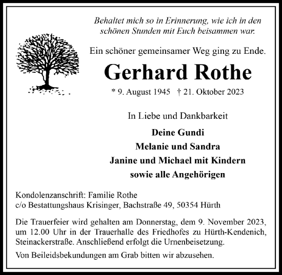 Anzeige von Gerhard Rothe von  Wochenende 