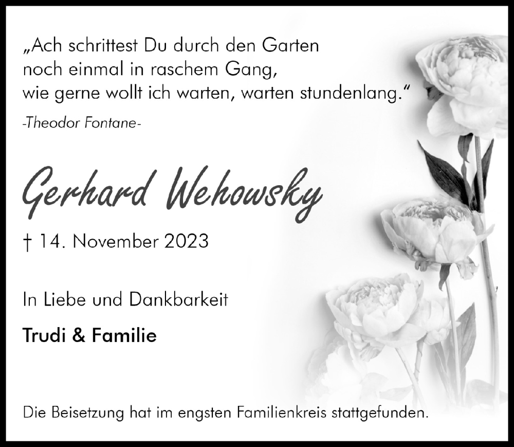  Traueranzeige für Gerhard Wehowsky vom 01.12.2023 aus  Bergisches Handelsblatt 