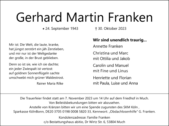 Anzeige von Gerhard Martin Franken von Kölner Stadt-Anzeiger / Kölnische Rundschau / Express