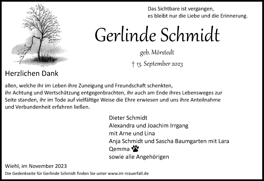  Traueranzeige für Gerlinde Schmidt vom 04.11.2023 aus Kölner Stadt-Anzeiger / Kölnische Rundschau / Express