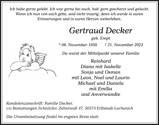 Anzeige von Gertraud Decker von  Werbepost 
