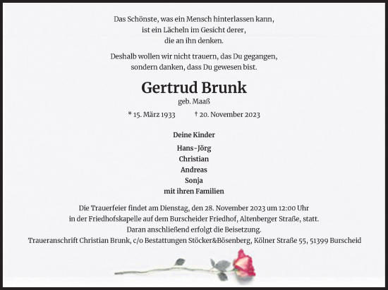 Anzeige von Gertrud Brunk von Kölner Stadt-Anzeiger / Kölnische Rundschau / Express