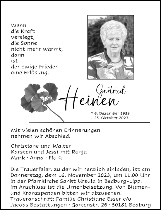 Anzeige von Gertrud Heinen von  Werbepost 