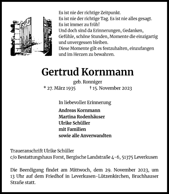 Anzeige von Gertrud Kornmann von Kölner Stadt-Anzeiger / Kölnische Rundschau / Express