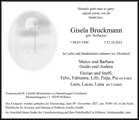 Anzeige von Gisela Bruckmann von  Wochenende 