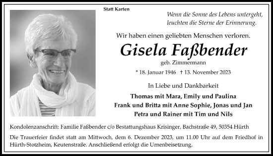 Anzeige von Gisela Faßbender von  Wochenende 