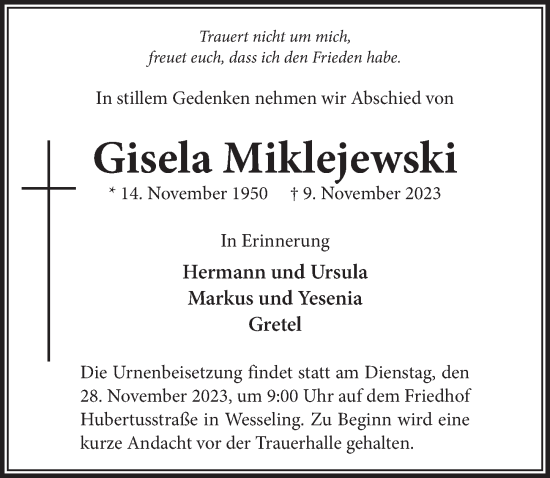 Anzeige von Gisela Miklejewski von  Schlossbote/Werbekurier 