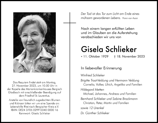 Anzeige von Gisela Schlieker von Kölner Stadt-Anzeiger / Kölnische Rundschau / Express