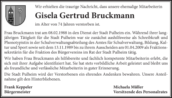 Anzeige von Gisela Gertrud Bruckmann von  Wochenende 