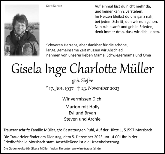 Anzeige von Gisela Inge Charlotte Mütter von  Lokalanzeiger 