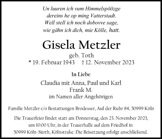 Anzeige von Gisela Metzler Metzler von Kölner Stadt-Anzeiger / Kölnische Rundschau / Express
