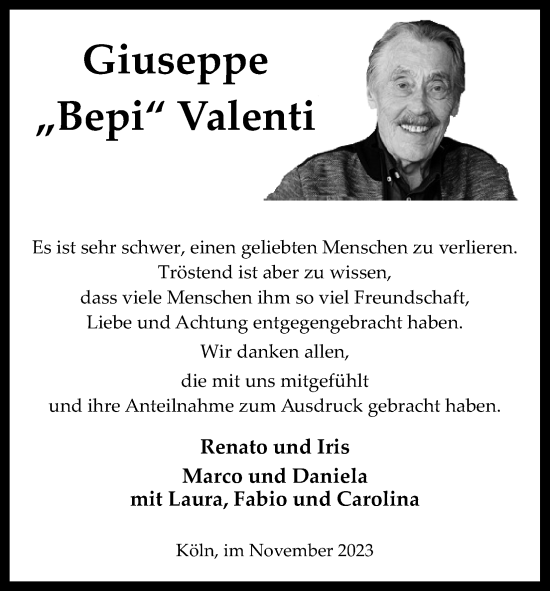 Anzeige von Giuseppe Valenti von Kölner Stadt-Anzeiger / Kölnische Rundschau / Express