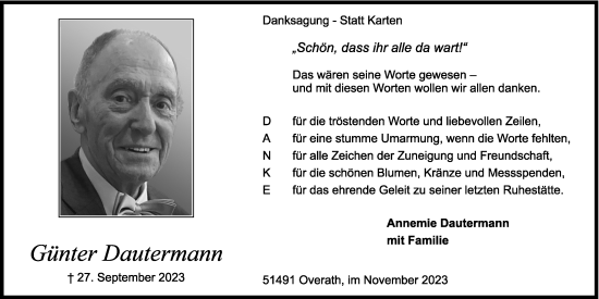 Anzeige von Günter Dautermann von Kölner Stadt-Anzeiger / Kölnische Rundschau / Express