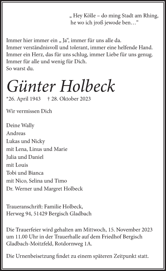 Anzeige von Günter Holbeck von  Bergisches Handelsblatt 