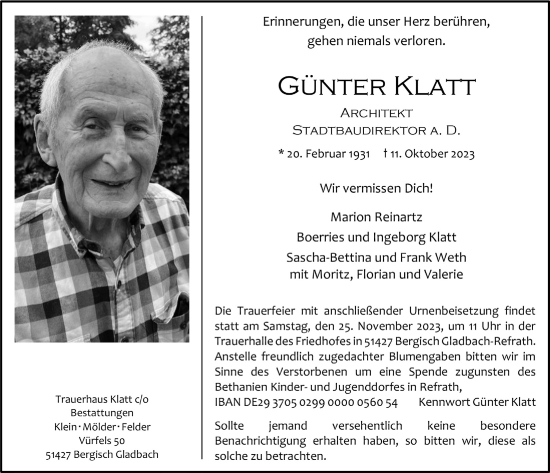 Anzeige von Günter Klatt von  Bergisches Handelsblatt 
