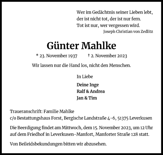 Anzeige von Günter Mahlke von Kölner Stadt-Anzeiger / Kölnische Rundschau / Express