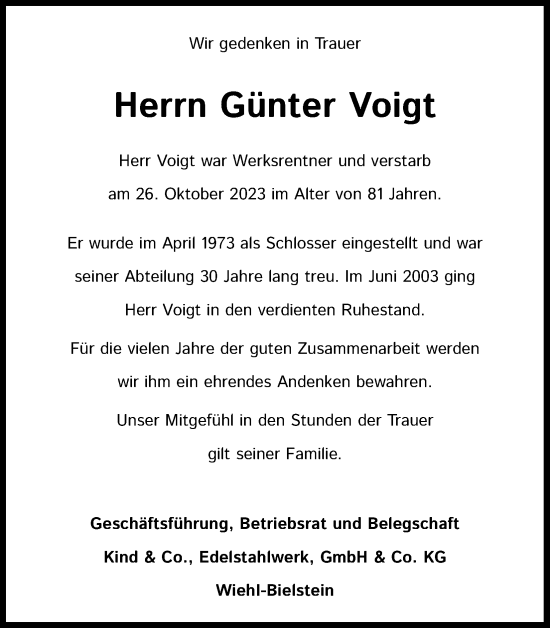 Anzeige von Günter Voigt von Kölner Stadt-Anzeiger / Kölnische Rundschau / Express