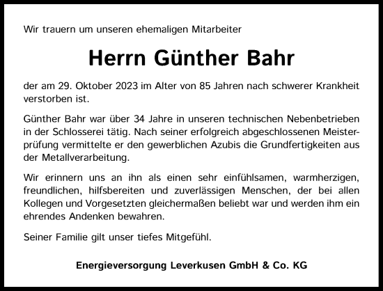 Anzeige von Günther Bahr von Kölner Stadt-Anzeiger / Kölnische Rundschau / Express