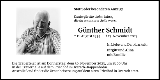Anzeige von Günther Schmidt von Kölner Stadt-Anzeiger / Kölnische Rundschau / Express