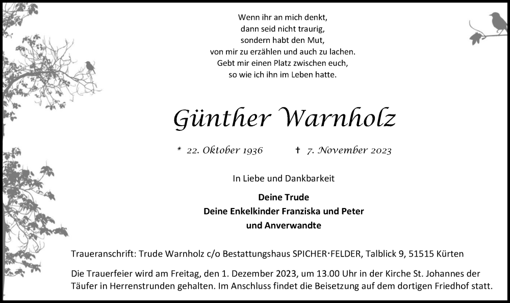  Traueranzeige für Günther Warnholz vom 25.11.2023 aus Kölner Stadt-Anzeiger / Kölnische Rundschau / Express