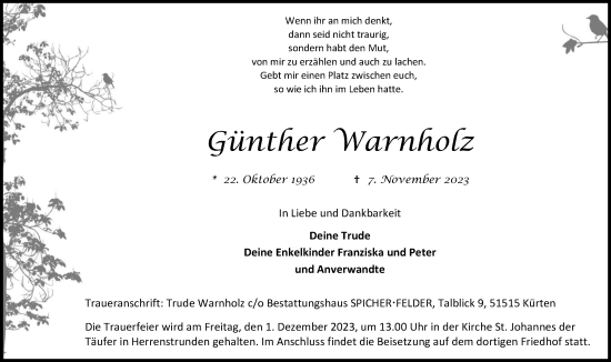 Anzeige von Günther Warnholz von Kölner Stadt-Anzeiger / Kölnische Rundschau / Express