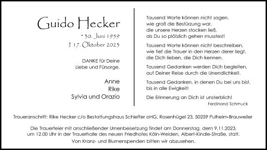Anzeige von Guido Hecker von Kölner Stadt-Anzeiger / Kölnische Rundschau / Express