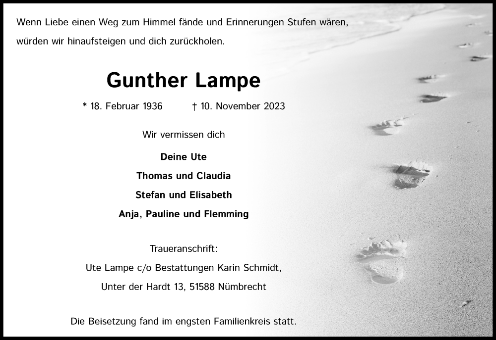  Traueranzeige für Gunther Lampe vom 17.11.2023 aus Kölner Stadt-Anzeiger / Kölnische Rundschau / Express