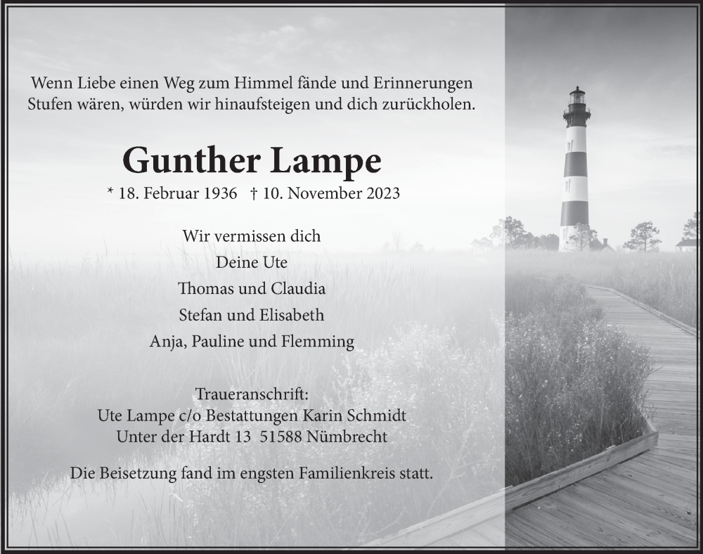  Traueranzeige für Gunther Lampe vom 17.11.2023 aus  Anzeigen Echo 