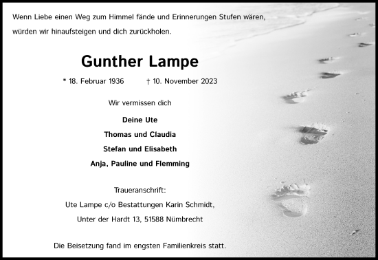 Anzeige von Gunther Lampe von Kölner Stadt-Anzeiger / Kölnische Rundschau / Express