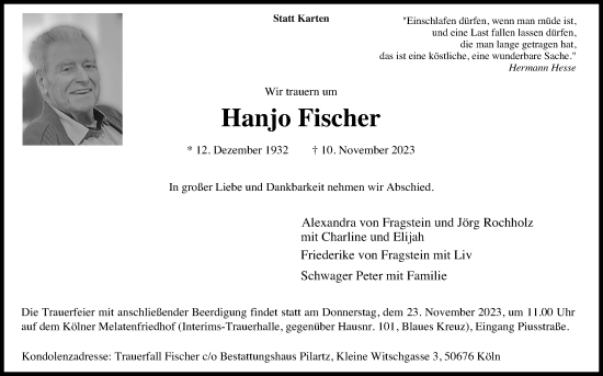 Anzeige von Hanjo Fischer von Kölner Stadt-Anzeiger / Kölnische Rundschau / Express
