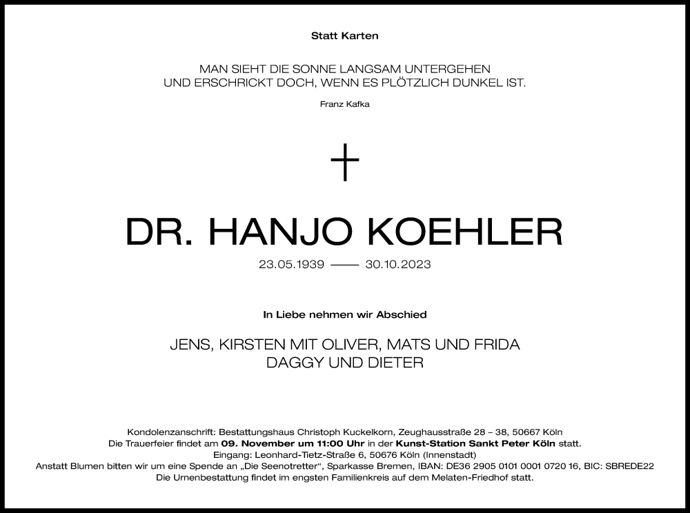  Traueranzeige für Hanjo Koehler vom 04.11.2023 aus Kölner Stadt-Anzeiger / Kölnische Rundschau / Express
