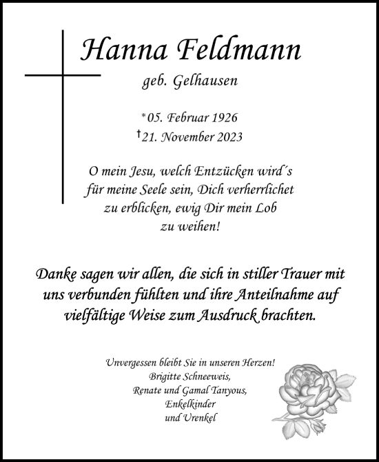 Anzeige von Hanna Feldmann von  Lokalanzeiger 